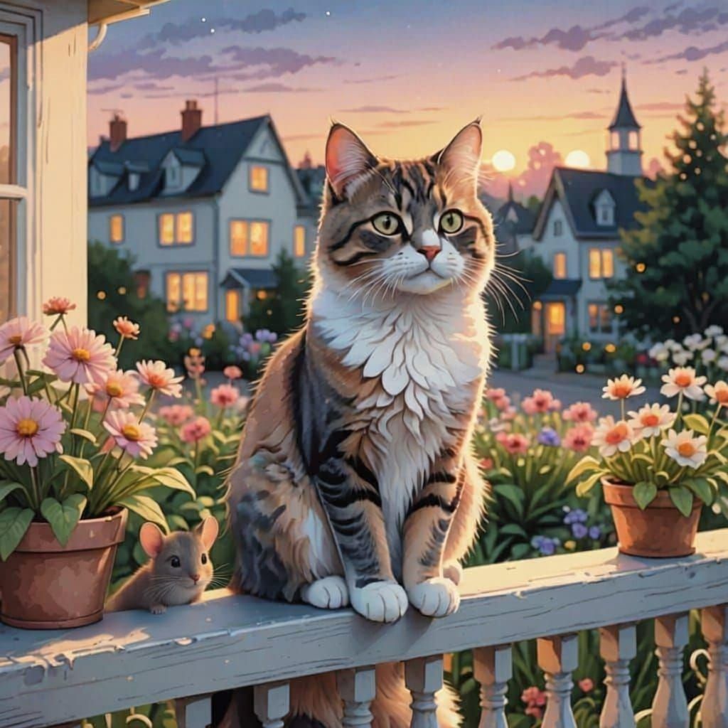 Fuzzy Cat on Balcony in Dreamy Watercolor Style