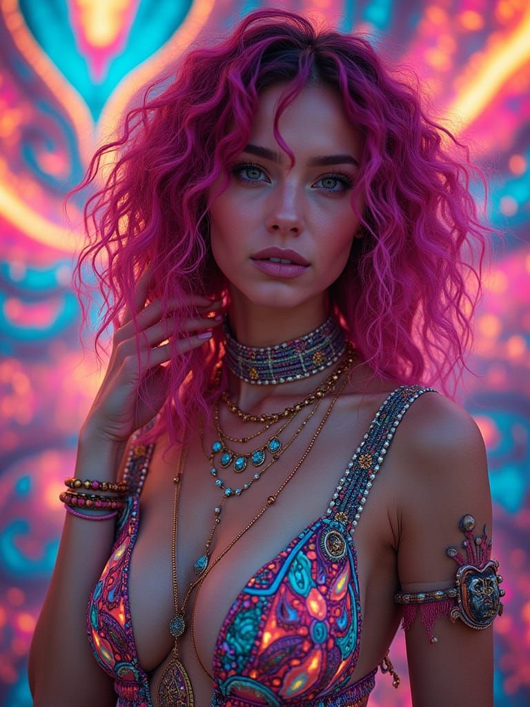 Cyber Boho Goddess in Vibrant Psychedelic Dreamscape