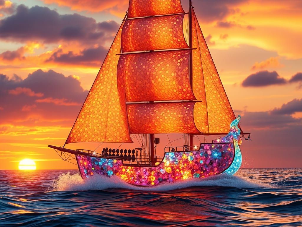 A fantastical whimsical image of a crystal sailing ship with...