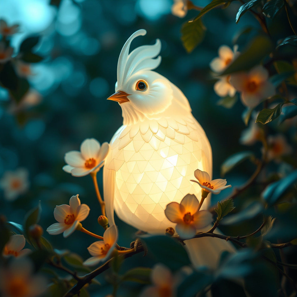 Luminous Porcelain Bird with Flowers, in Expressionist Style