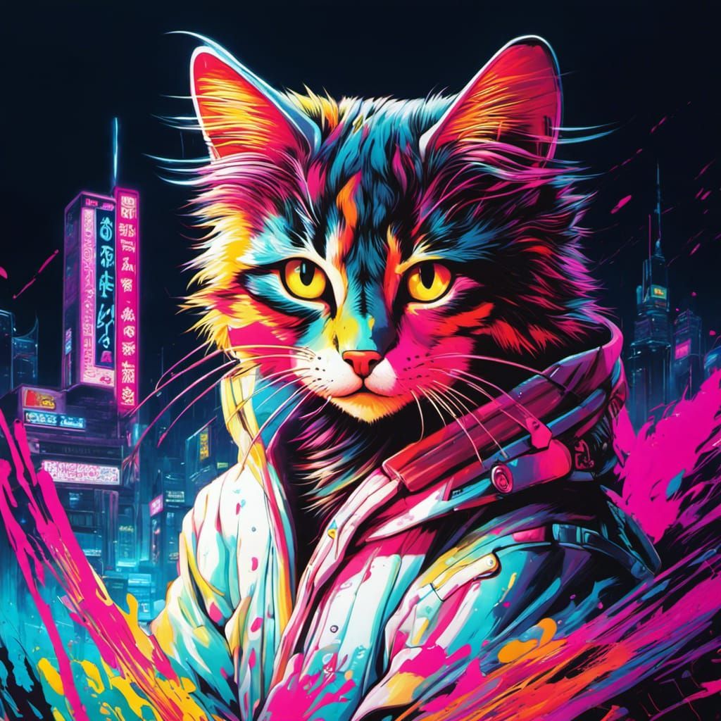 Cyberpunk Neko Yokai in Neon Graffiti Art