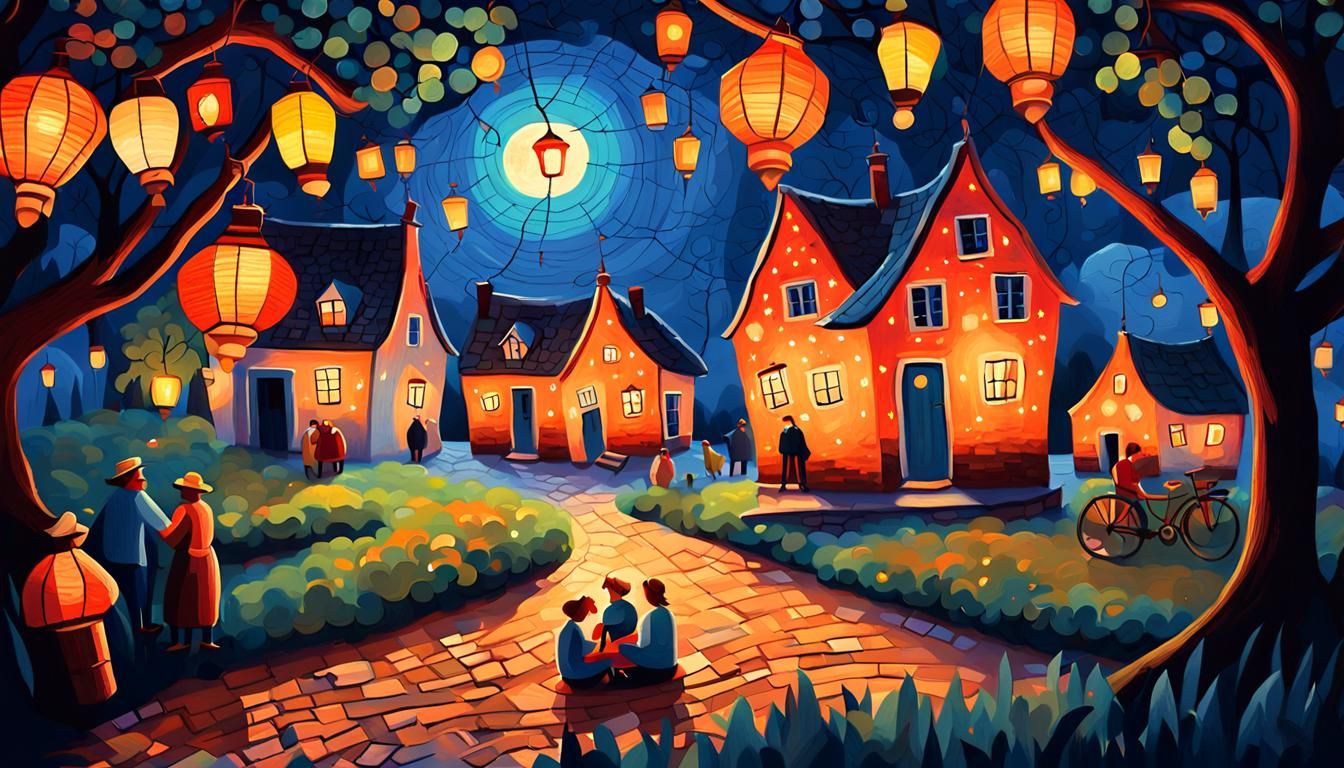 Dreamy Village Night Illustration in Impasto Style