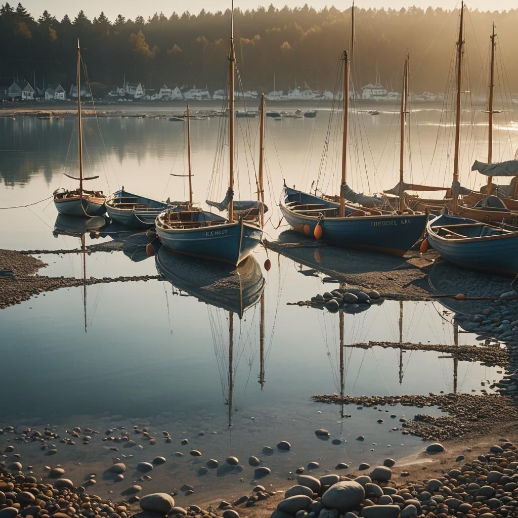 Pebble Beach Rowboats in Golden Hour Sunlight