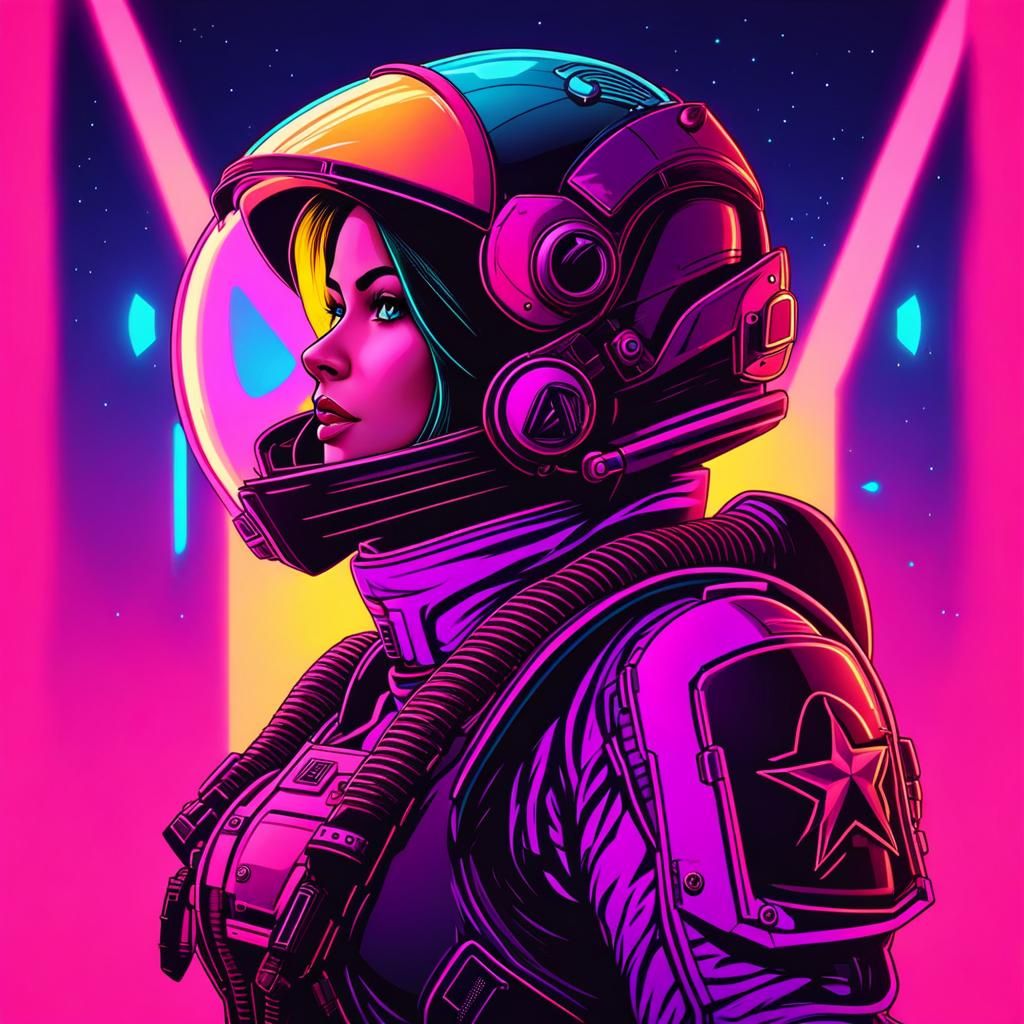 Confident Female Space Marine in Synthwave Neon Style