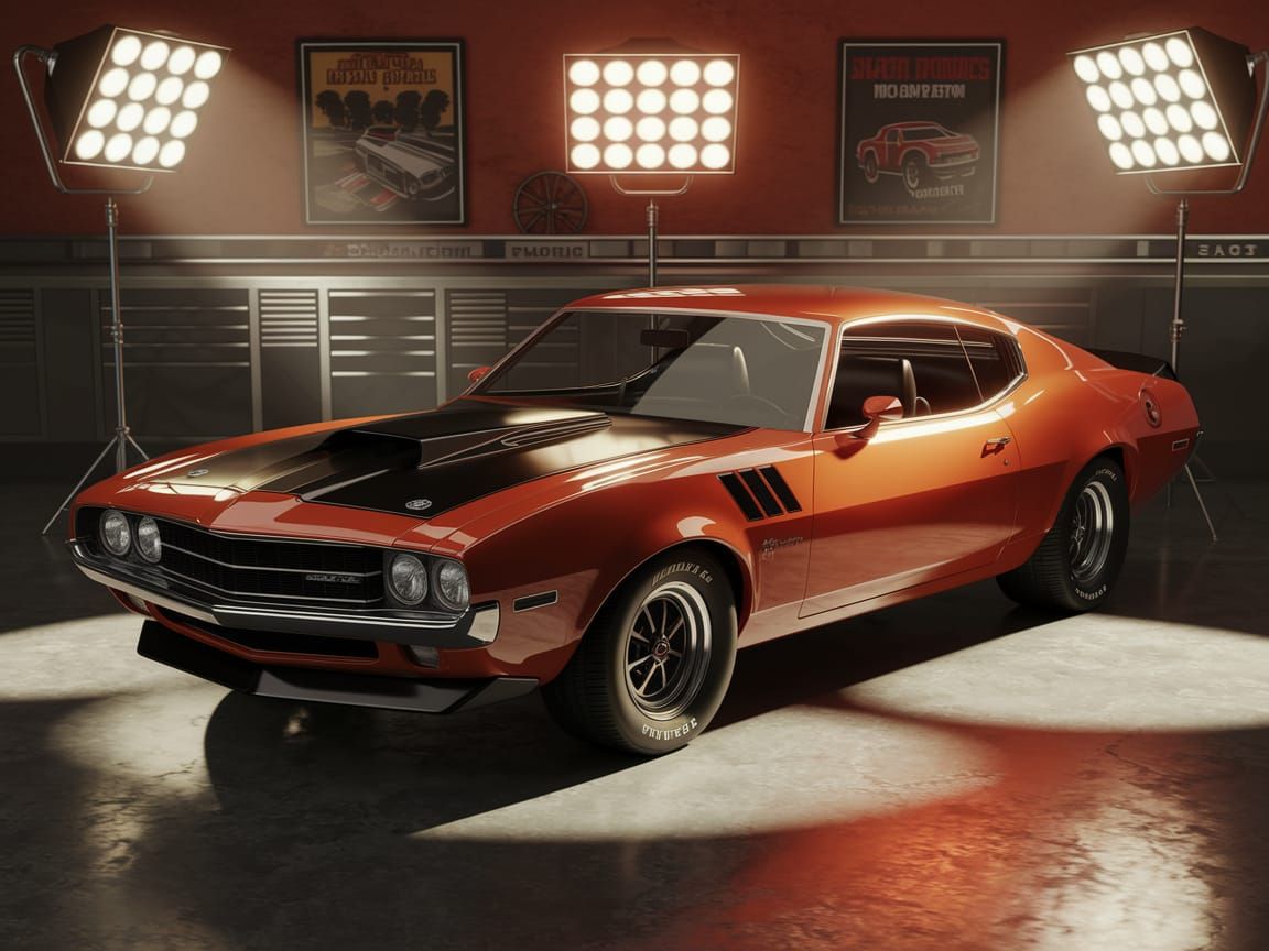 Vintage Muscle Car Gleaming in Retro Garage