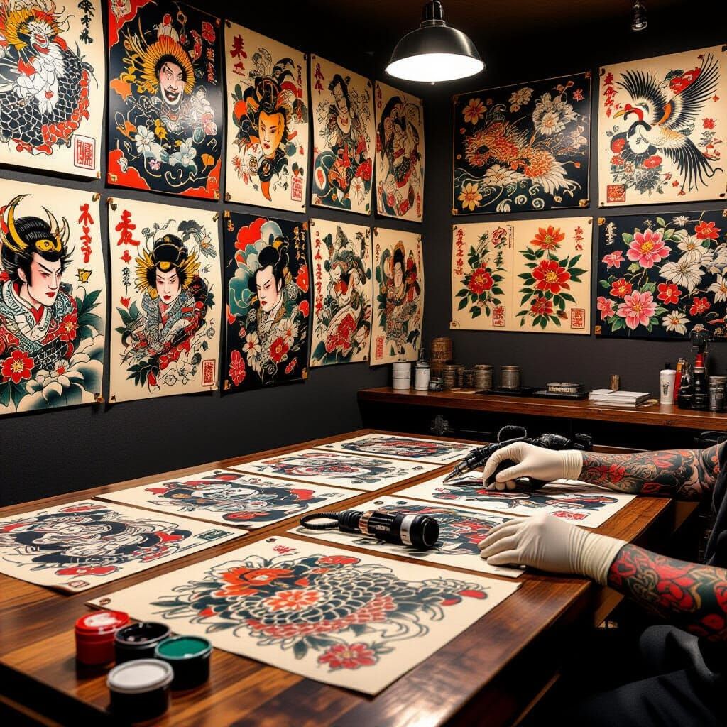 Photorealistic Japanese Tattoo Studio with Traditional Flash...
