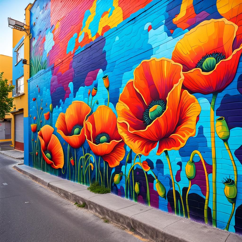 Vibrant Poppies Mural in Comics Style