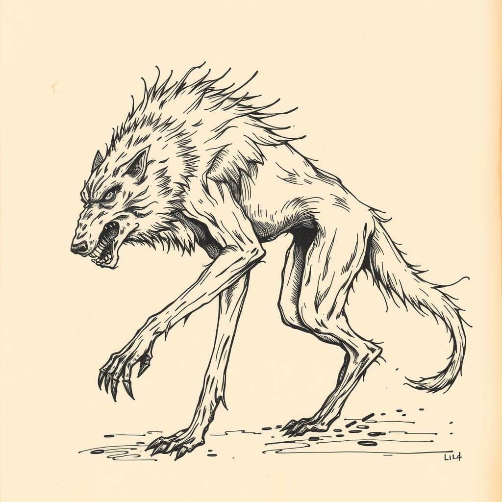 Werewolf Sketch in Sepia Ink on Parchment