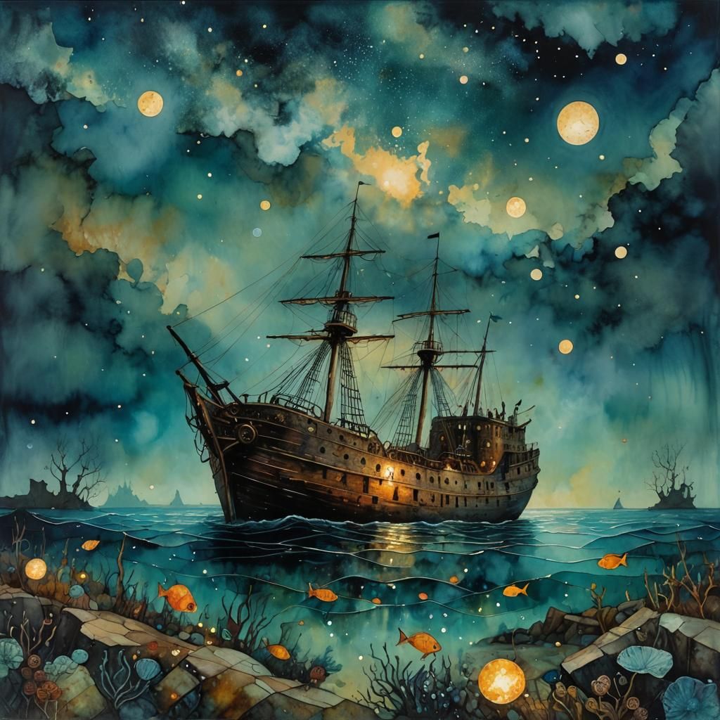 Dramatic Underwater Shipwreck with Twinkling Lights