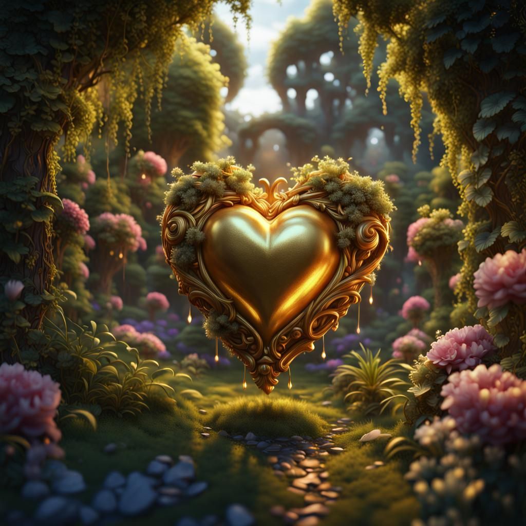 Golden Heart in Lush Garden: Fantasy Art