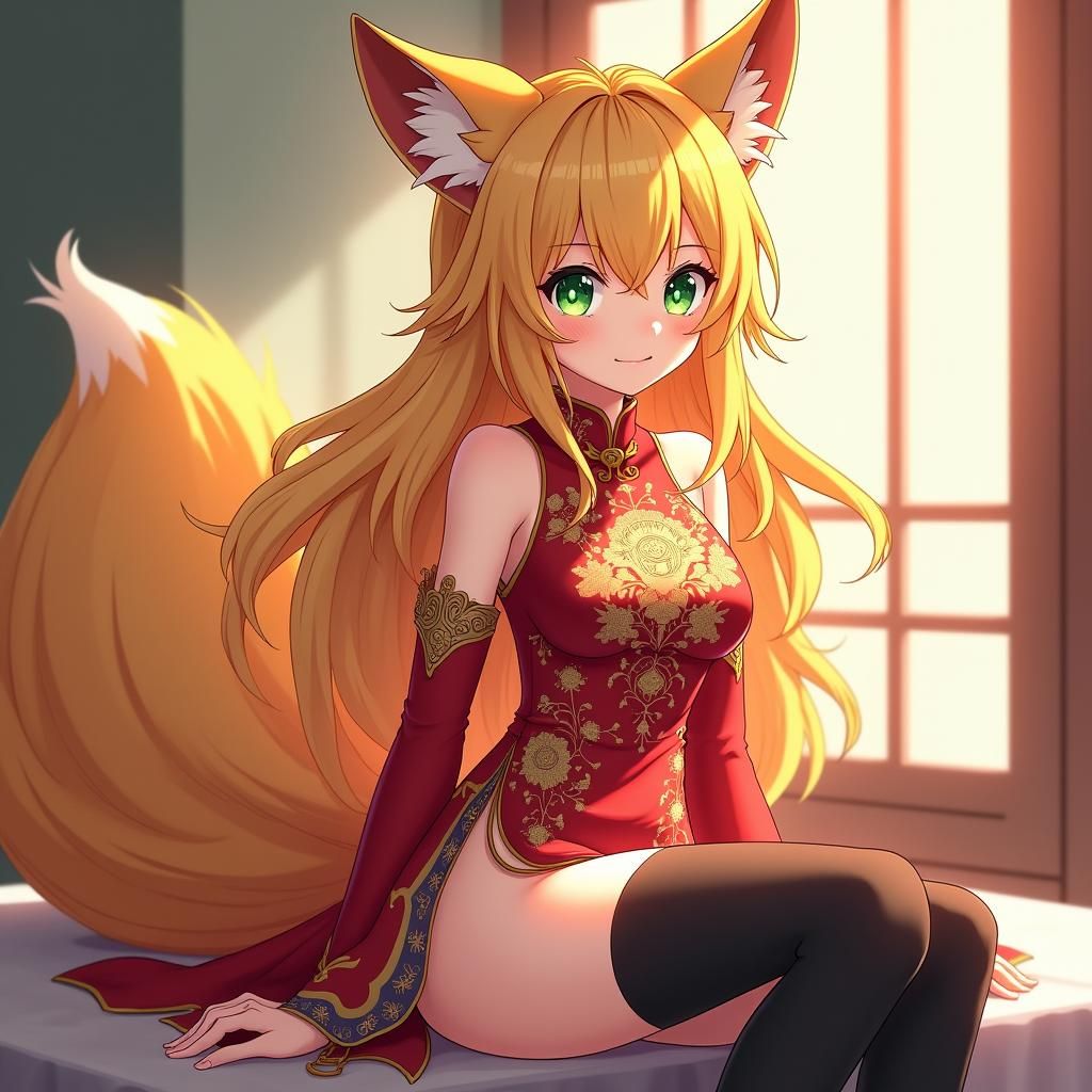Anime Foxgirl in Cheongsam with Cel-Shaded Style