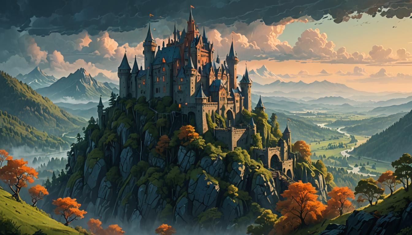 Majestic Castle in Lush Forest: Fantasy Landscape