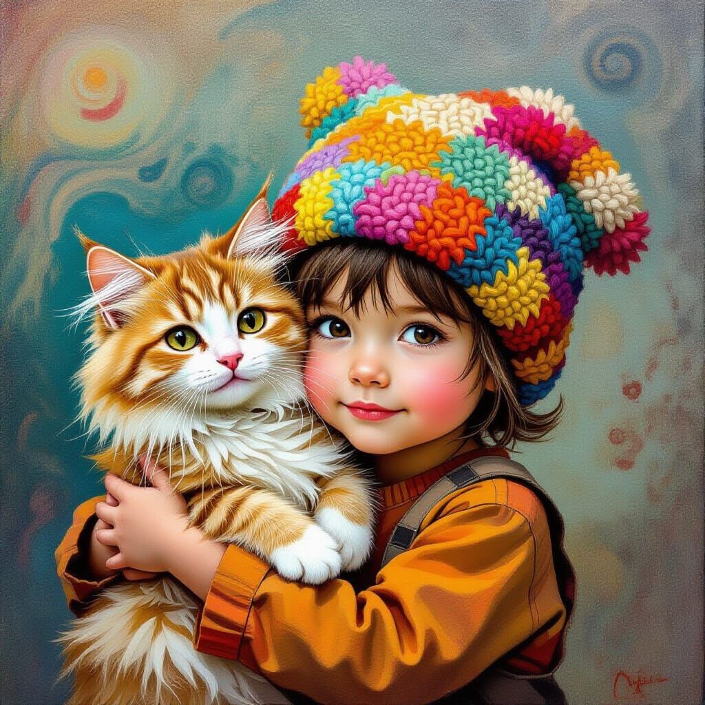 Expressive Portrait of Child with Cat in Painterly Style