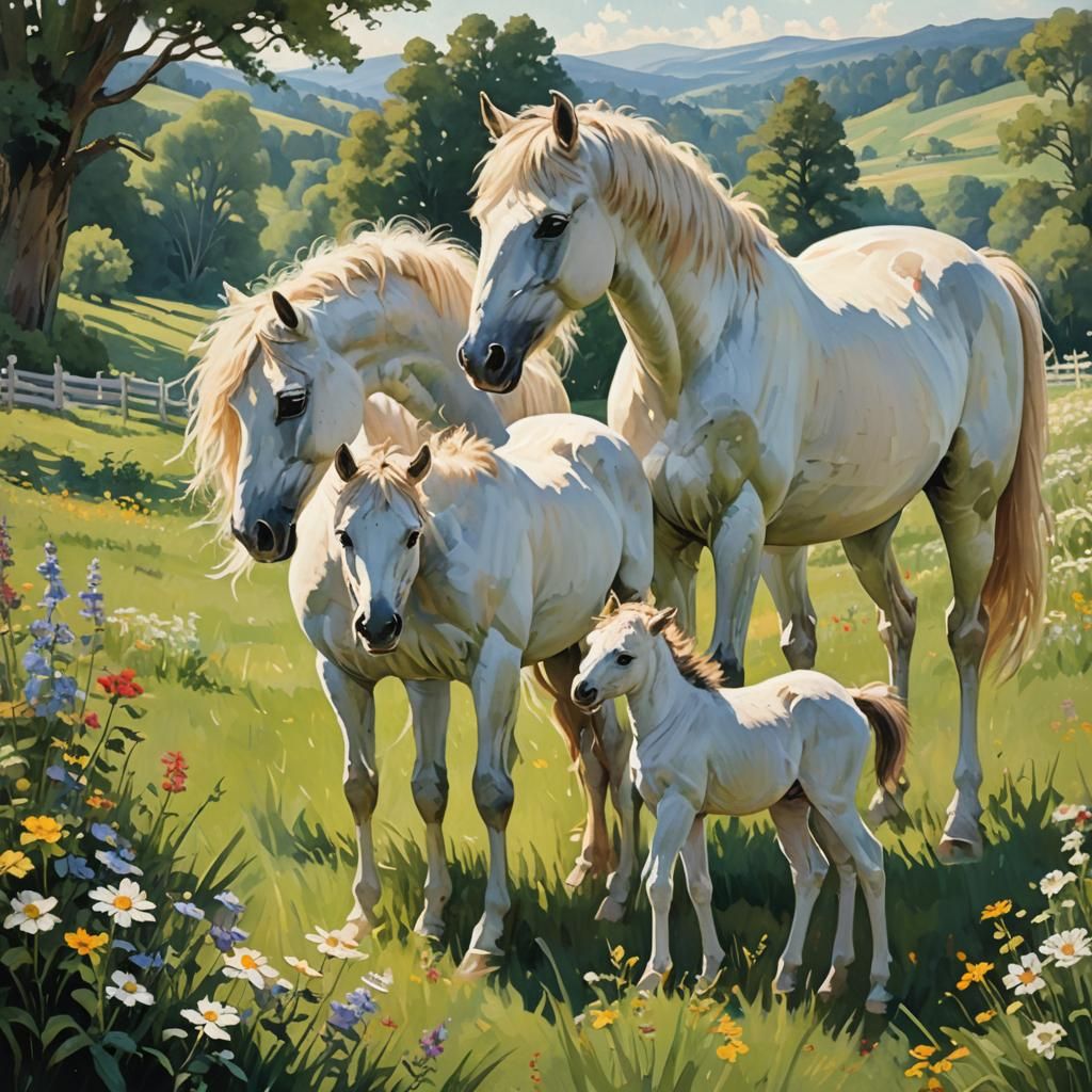 White Horse and Foal in Lush Countryside
