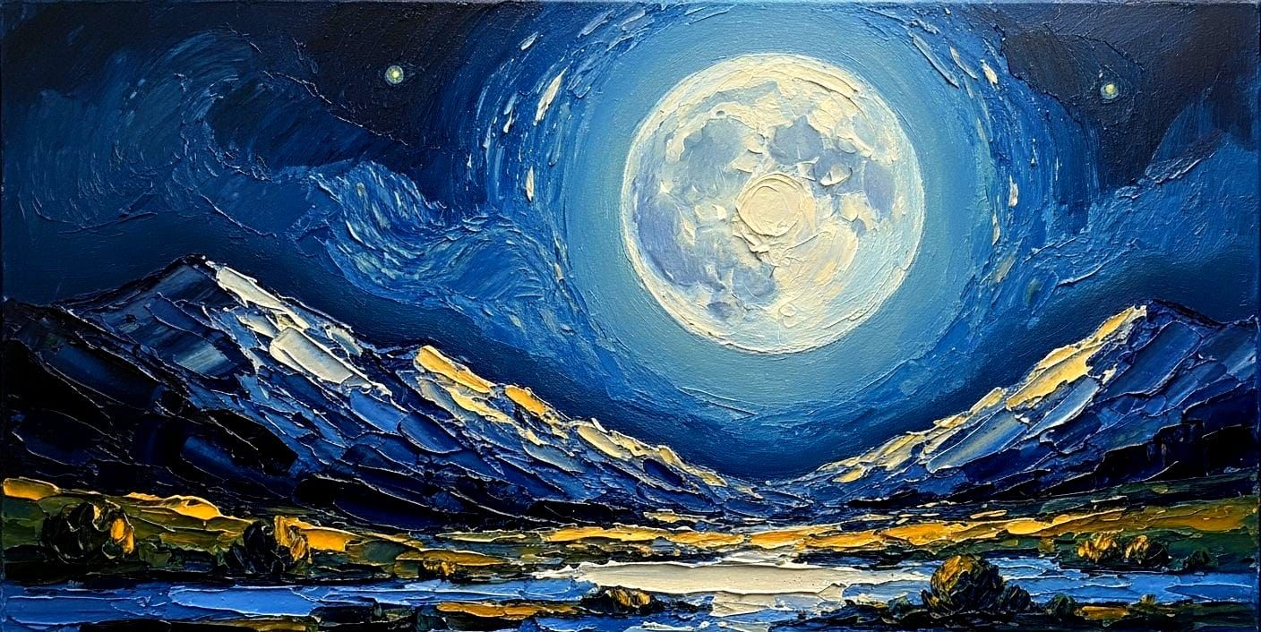 Surreal Night Landscape with Giant Glowing Moon in Impasto S...