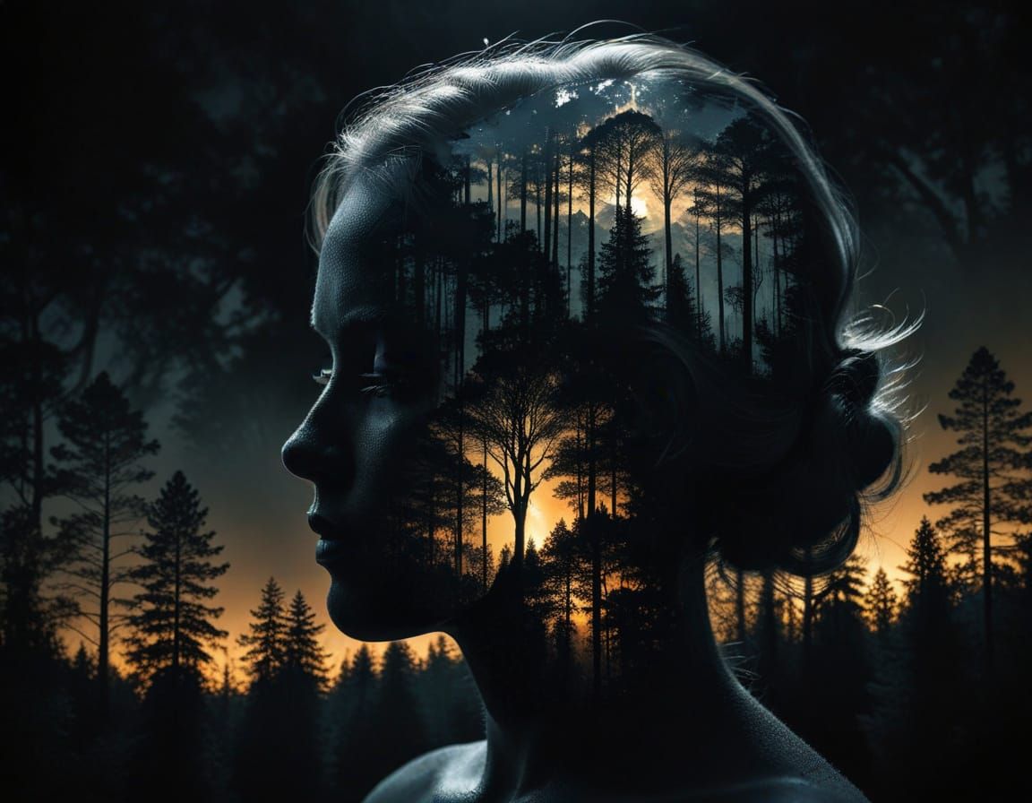 Silhouette of Woman's Head in Serene Forest Landscape