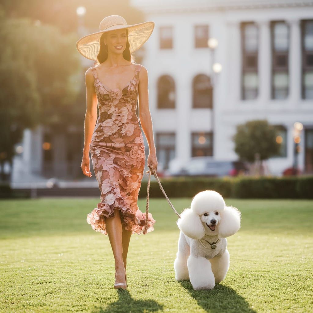 Sophisticated Woman Strolls Union Square with Poodle in Warm...