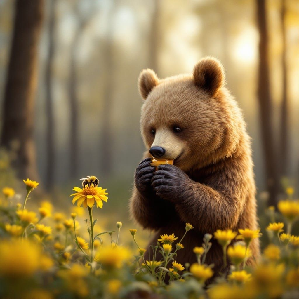 Bumblebee on Flower with Bear Eating Honey at Sunset