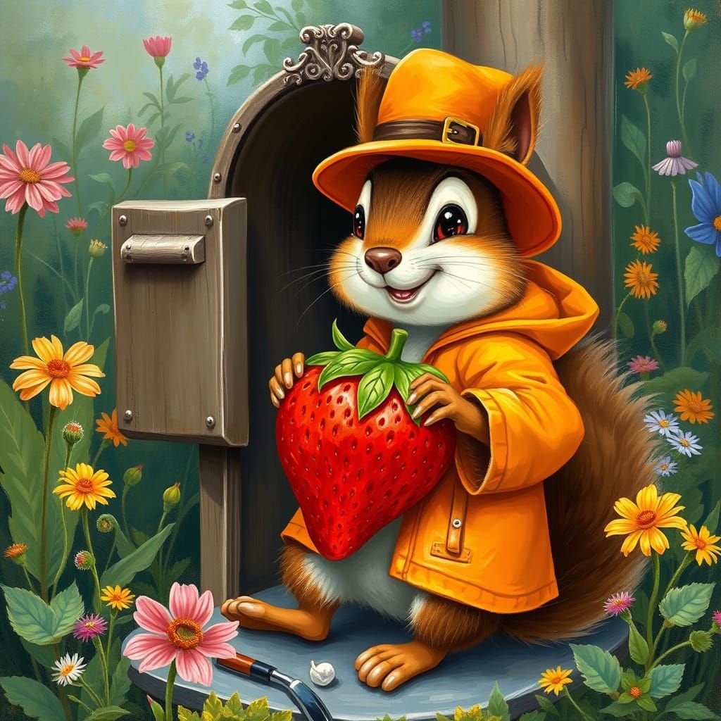 Squirrel Delivers Strawberry: Impressionist Oil Painting