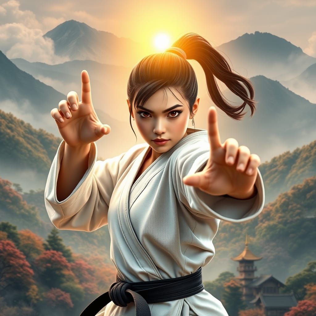 3D Render of Karate Woman in Japanese Landscape