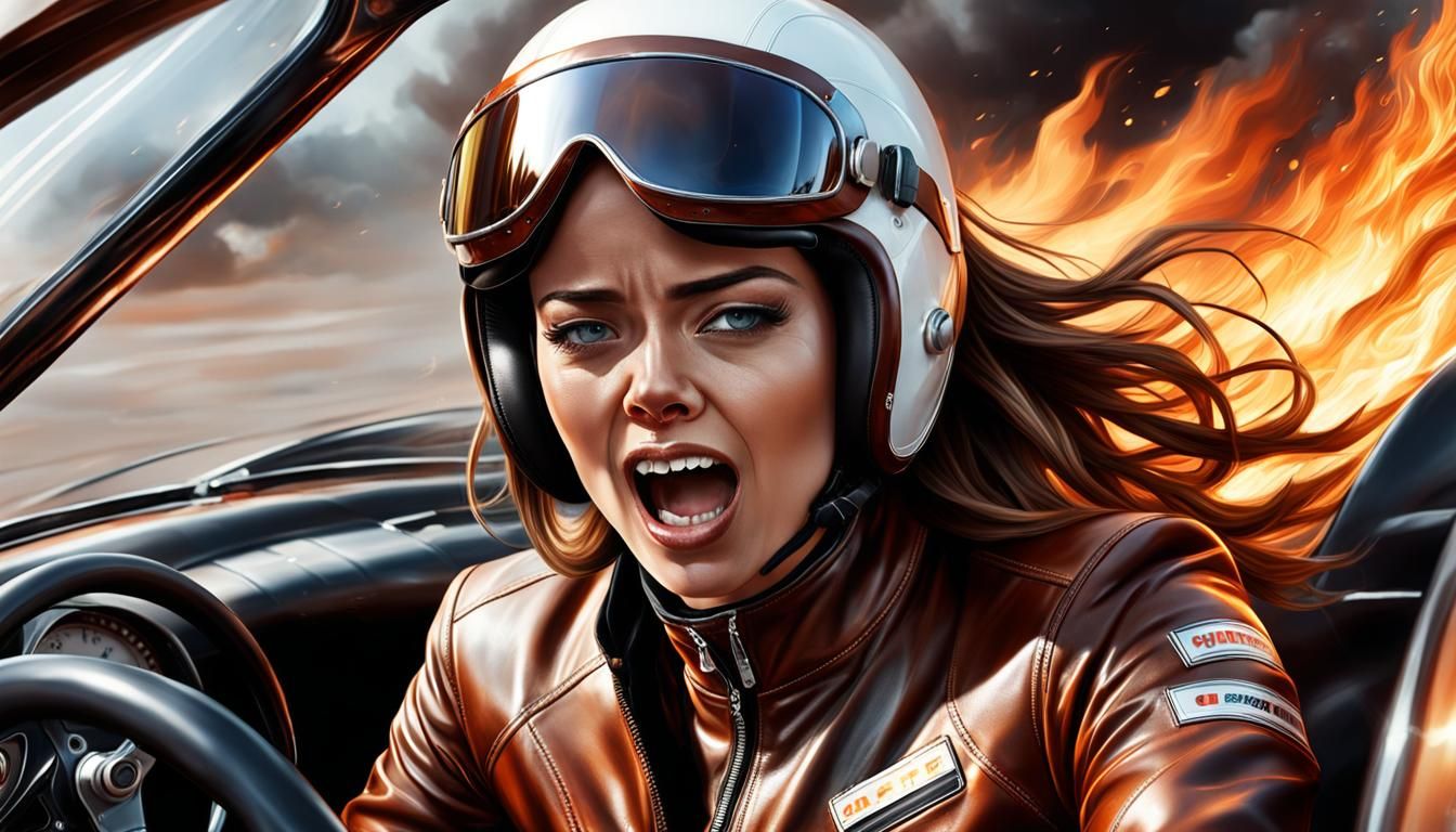 Racing Girl's Fear: Hyperrealistic Automotive Disaster