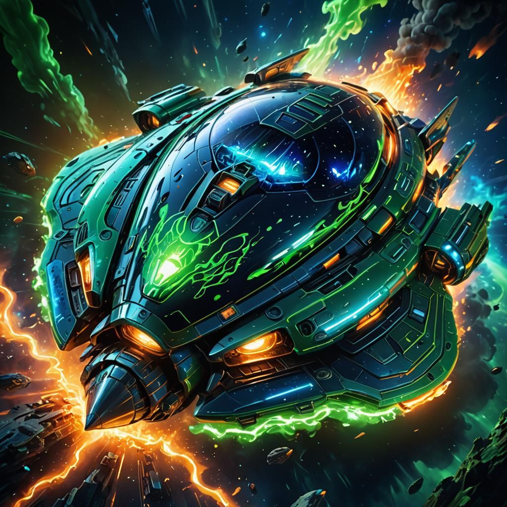 Sci-Fi Spaceship Engulfed in Neon Flames