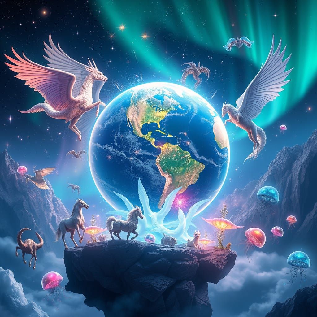 Enchanted World with Whimsical Creatures in a Dreamlike Atmo...