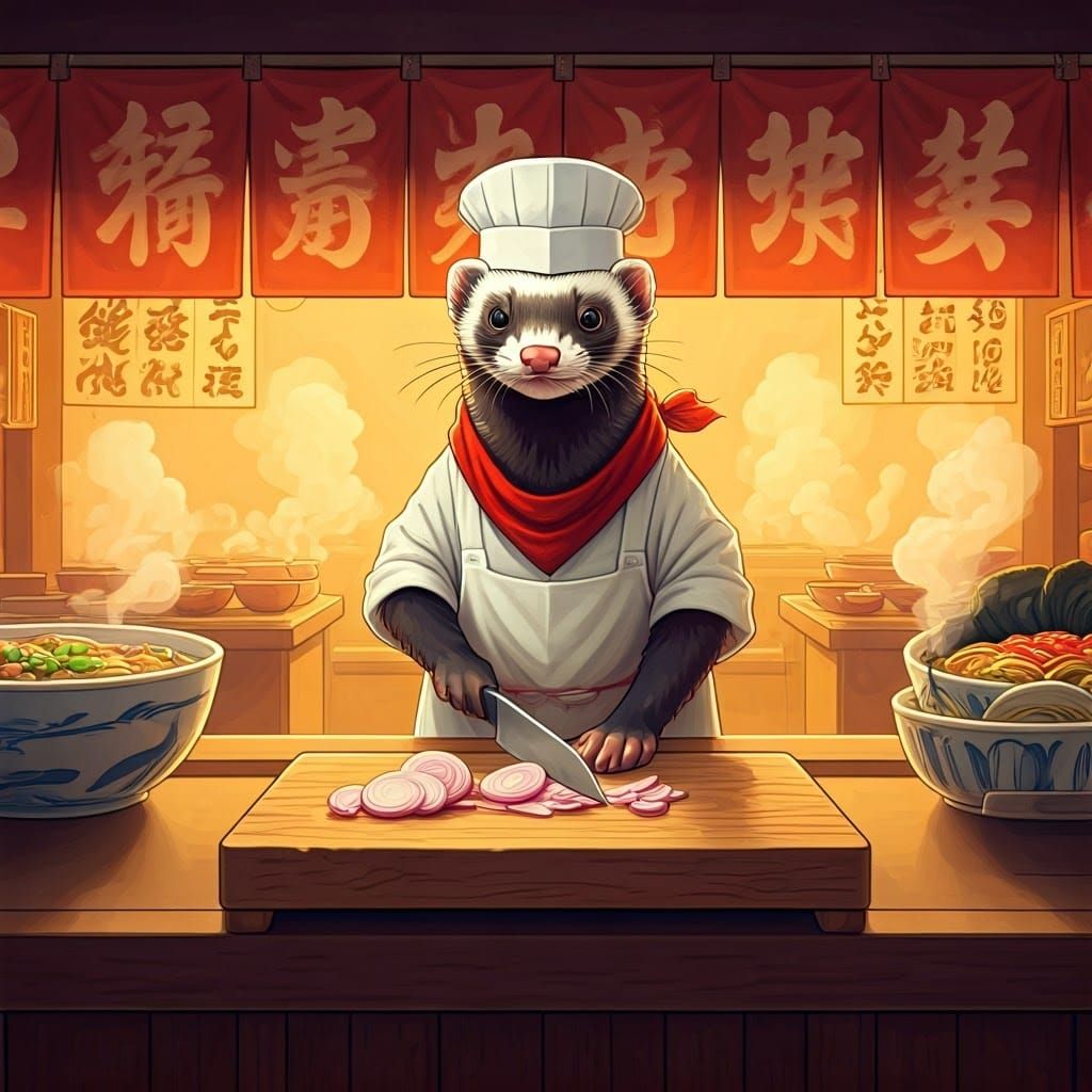 Japanese Ferret Chef Prepares Ramen Ingredients