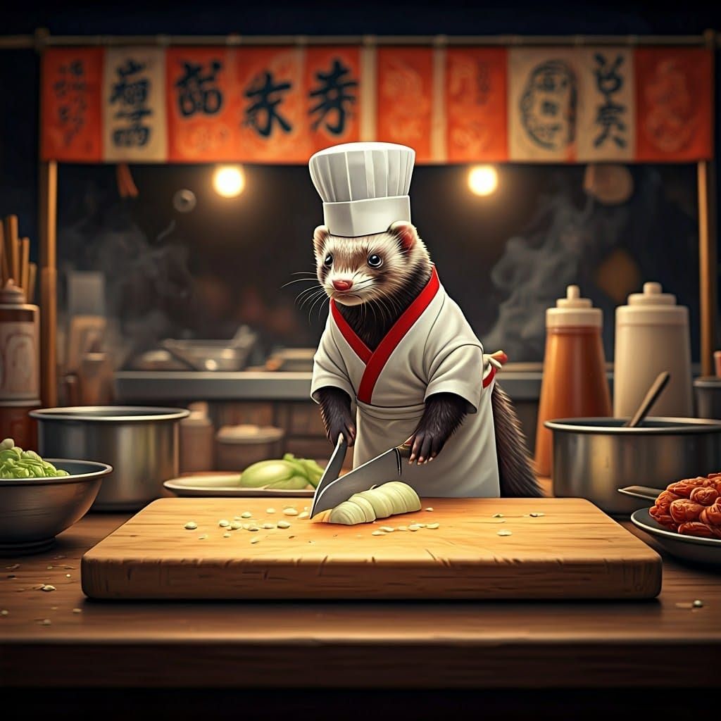 Japanese Ferret Chef Amidst Tokyo Street Food Stall