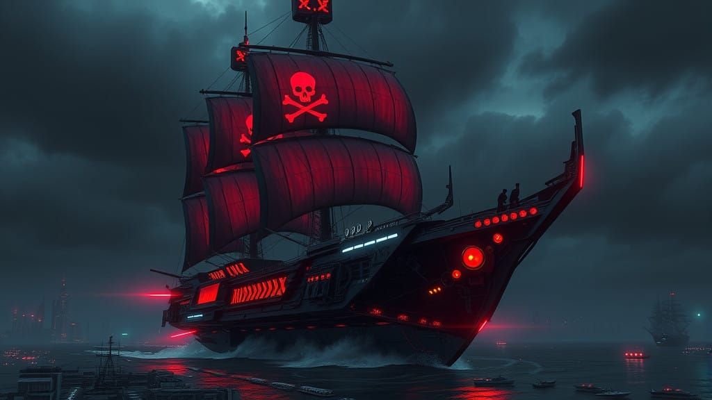 Cyberpunk Pirate Ship in Grim Dystopian Night