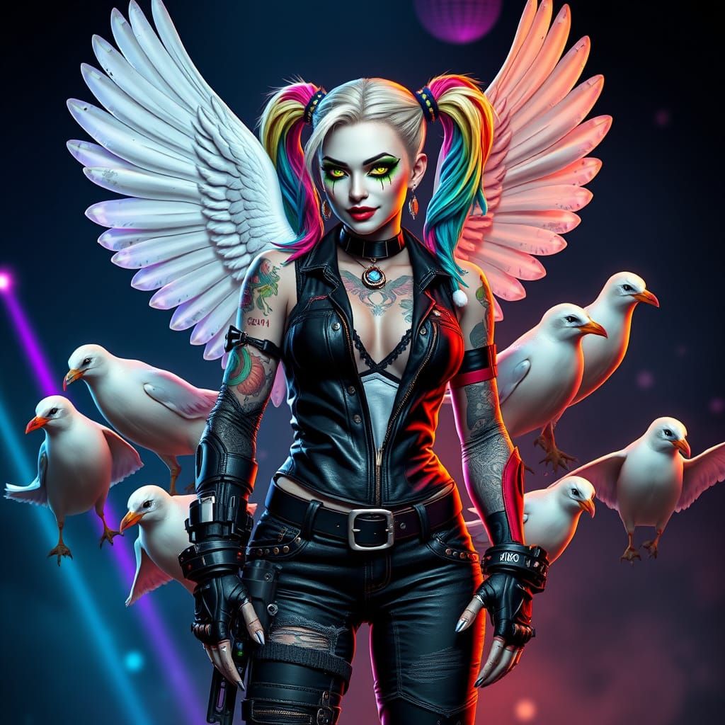 Hybrid Harley Quinn with Bird Wings in Cyberpunk Style