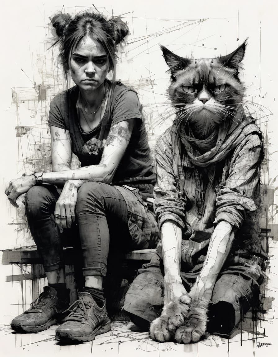 Grumpy Woman and Cat in Charcoal Drawing Style