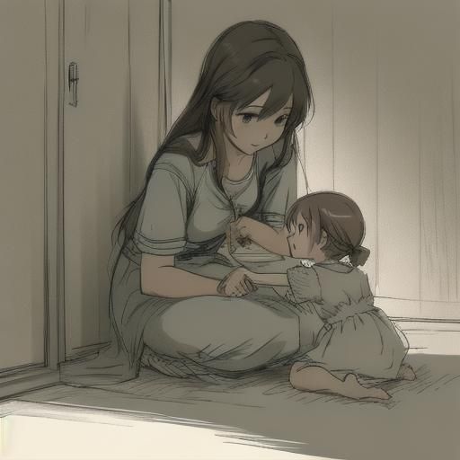 Simple Sketch of Mother and Daughter Playing