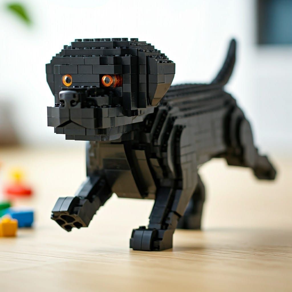 Vibrant Lego Black Labrador Puppy in Playful Stride