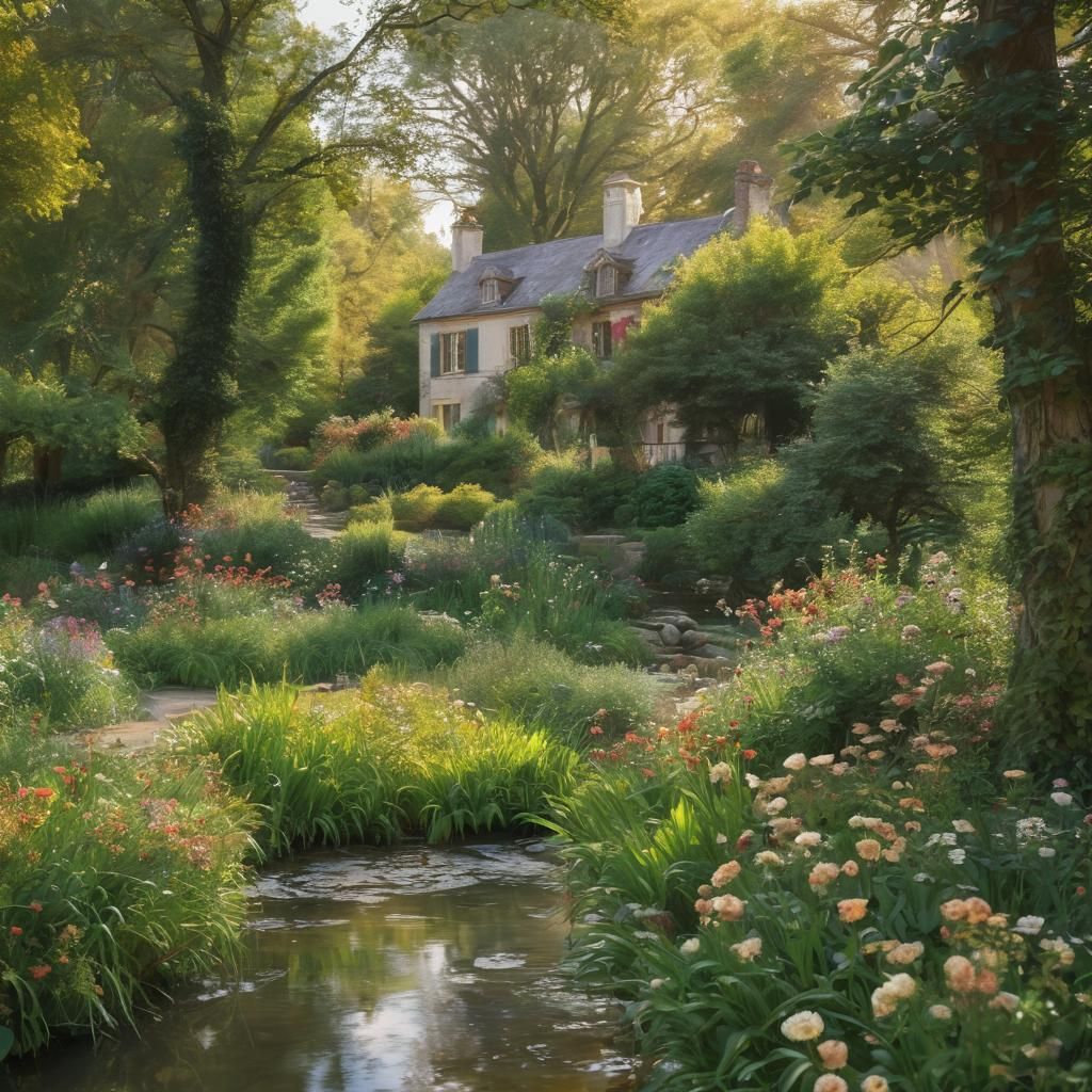 Impressionist Dream House by Stream in Golden Light