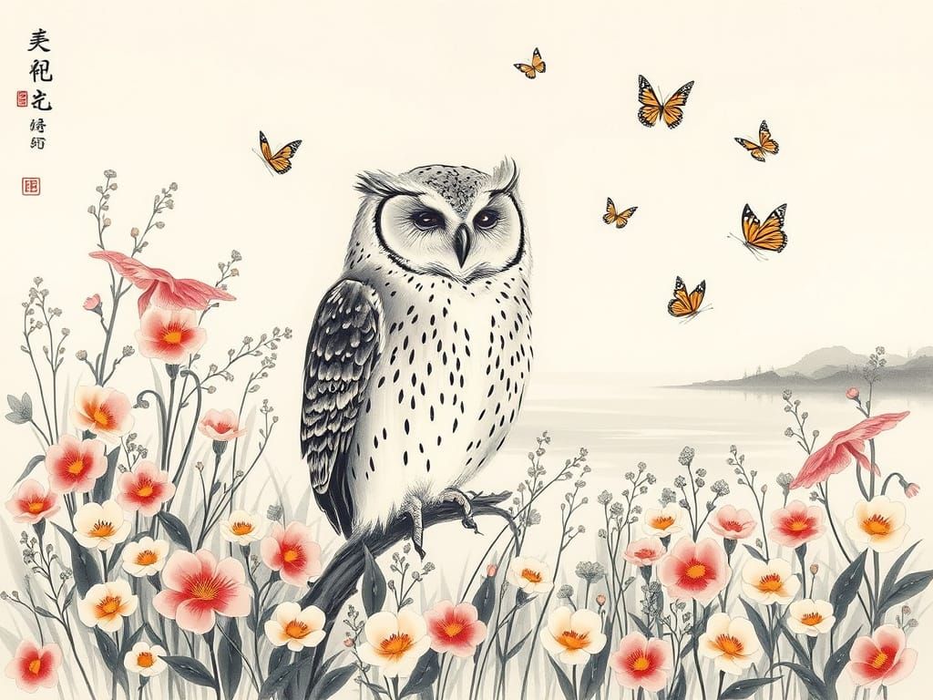 Laughing Owl in Flowery Meadow: Chinese Ink Painting