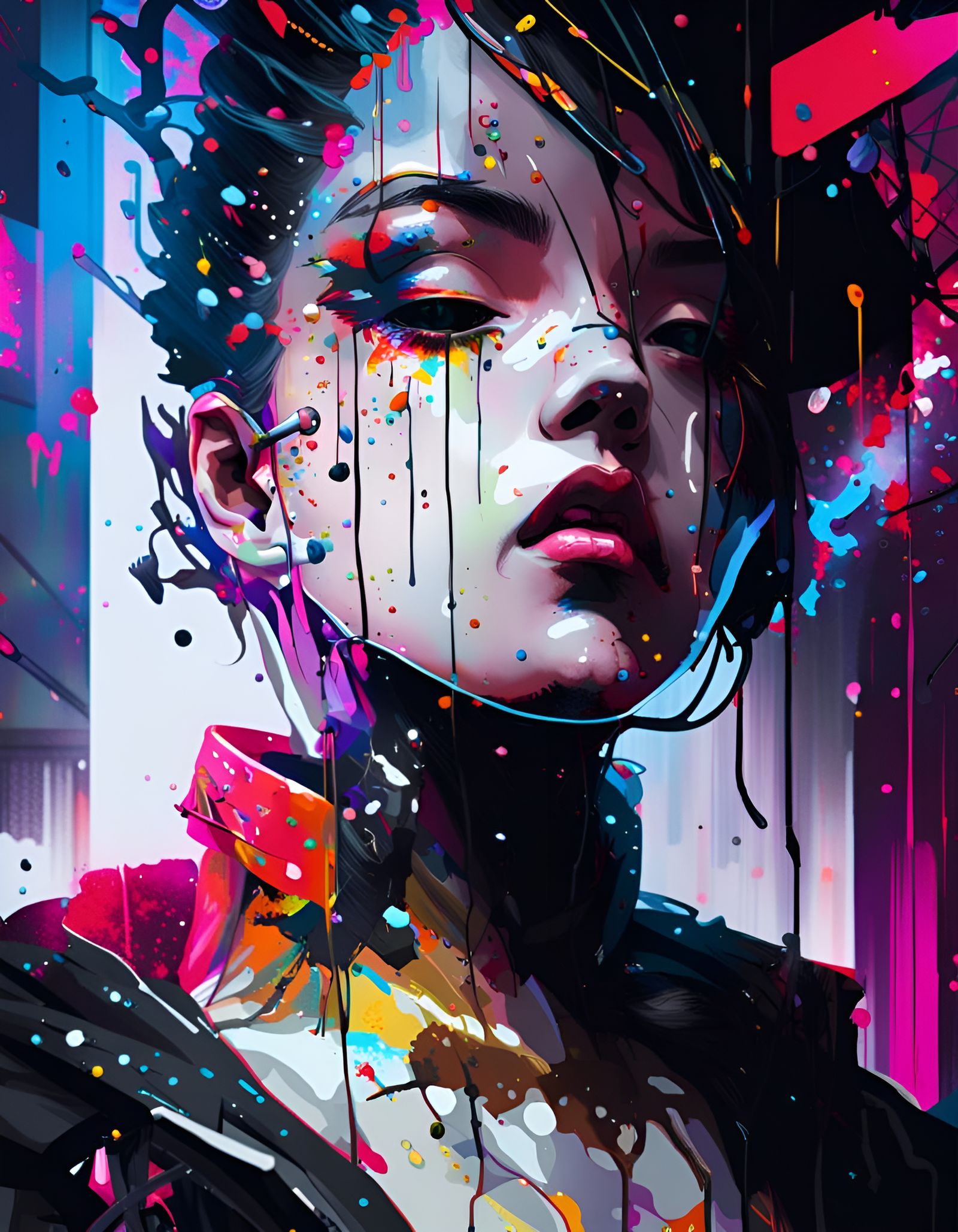 Cyberpunk Tokyo Night Portrait in Triadic Colors