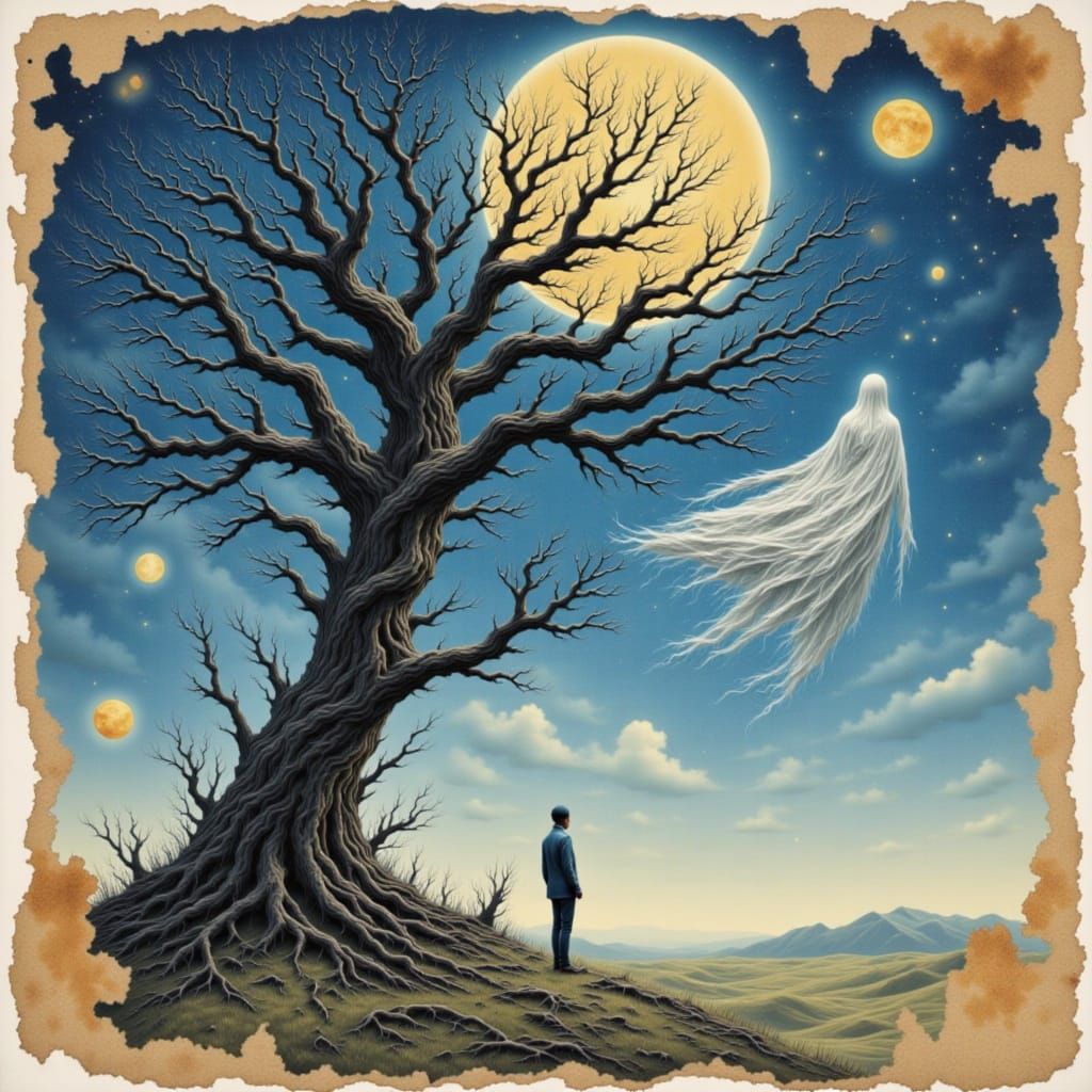 Ethereal Watercolor Study of a Lonely Tree in a Starry Night...