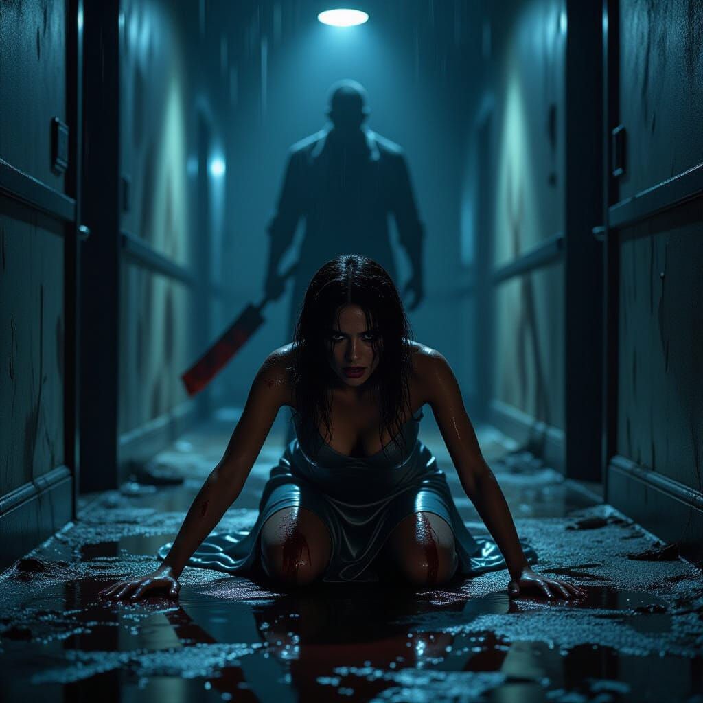 Horror Scene: Woman Crawls from Shadowed Figure