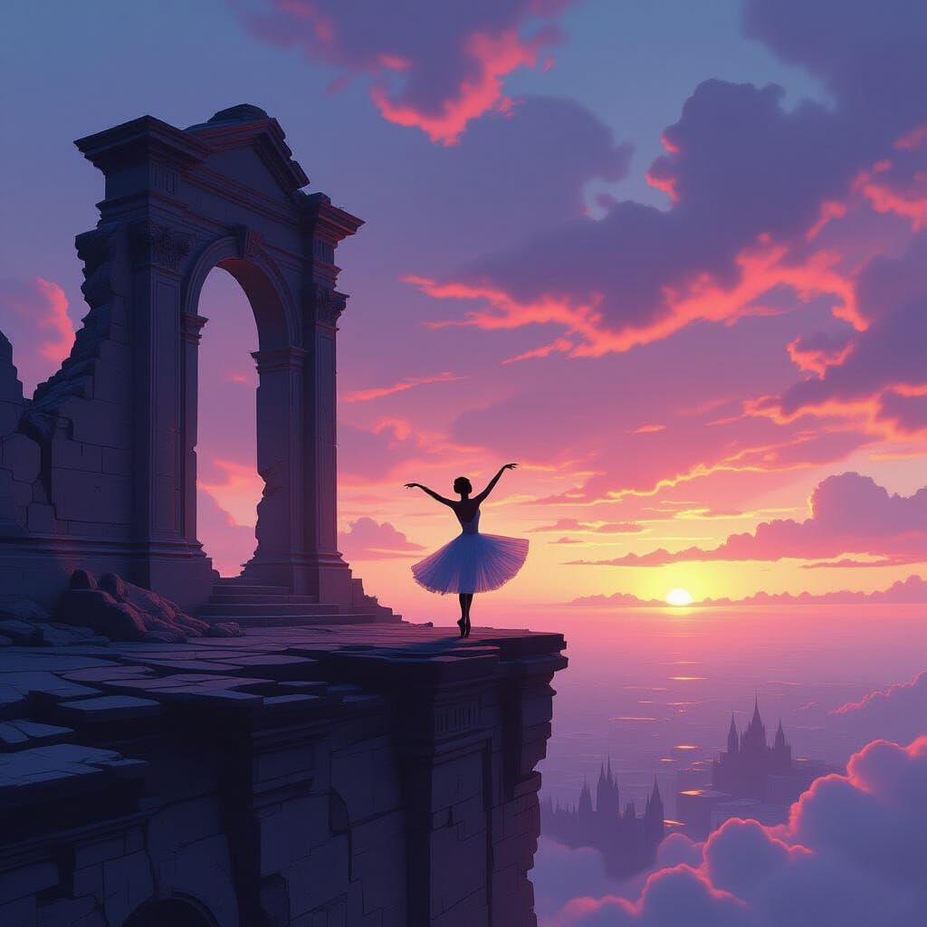 Ballerina on Ruin Precipice Against Dreamlike Twilight Sky