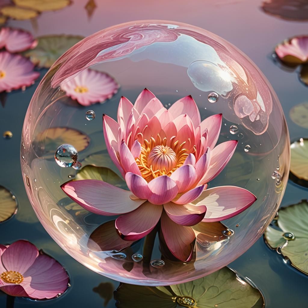 Pink Lotus in Floating Bubble, Surreal Watercolor