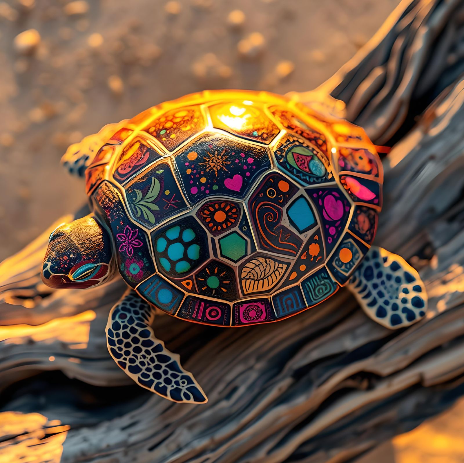 Hippie Turtle Shell Art in Polychromatic Sunset