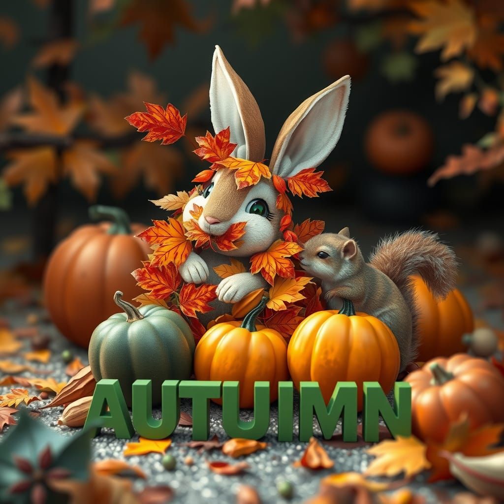 Autumnal 3D Anime Rabbit with Pumpkins
