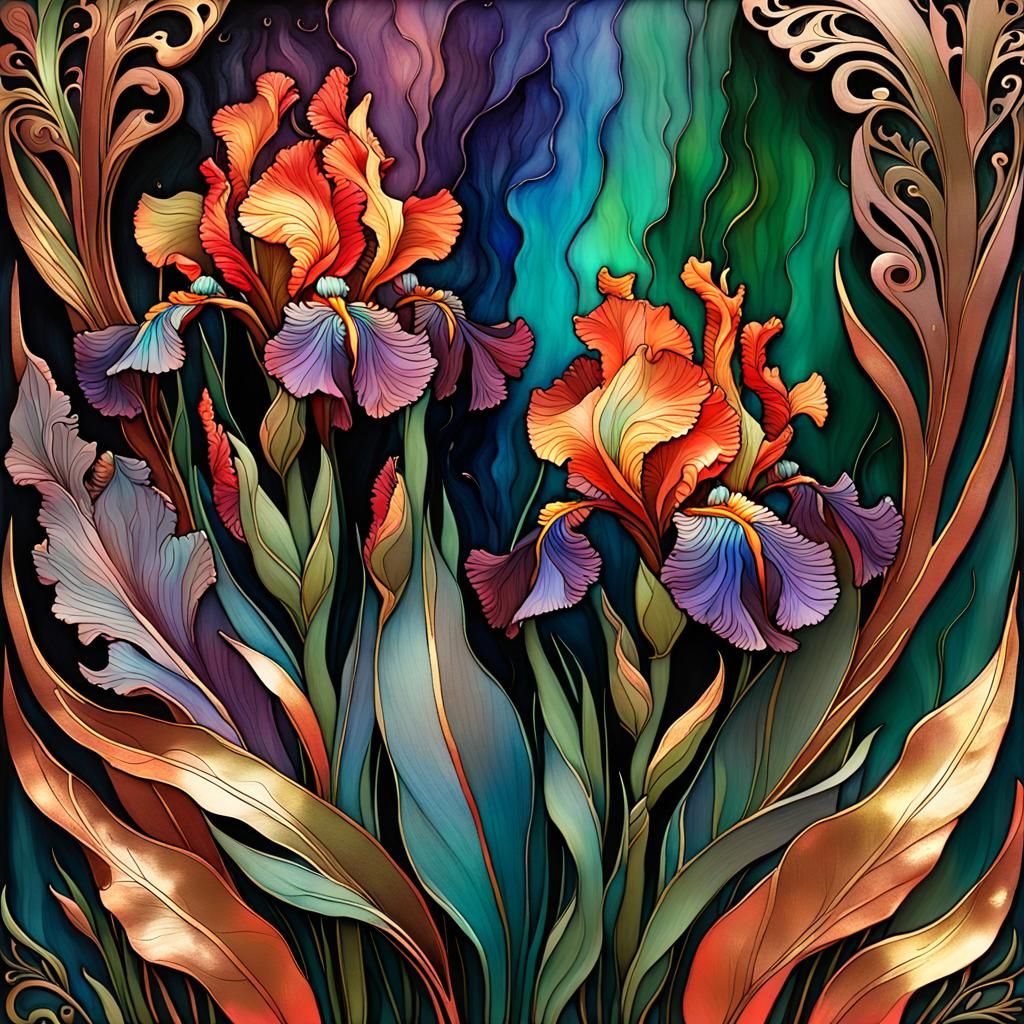 Fire Red Irises with Gold Filigree in 3D Alcohol Ink