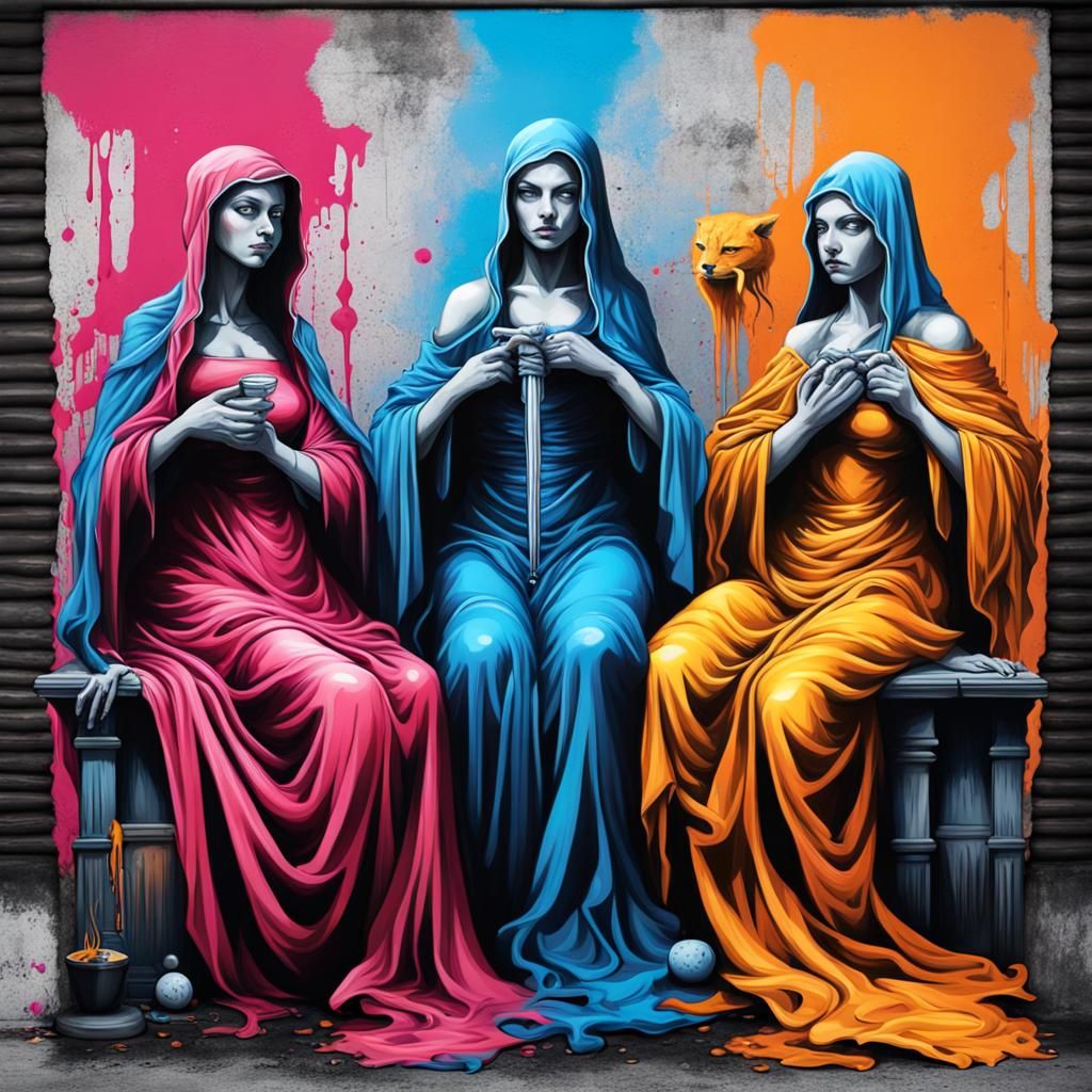 The Three Fates in Graffiti Street Art Style