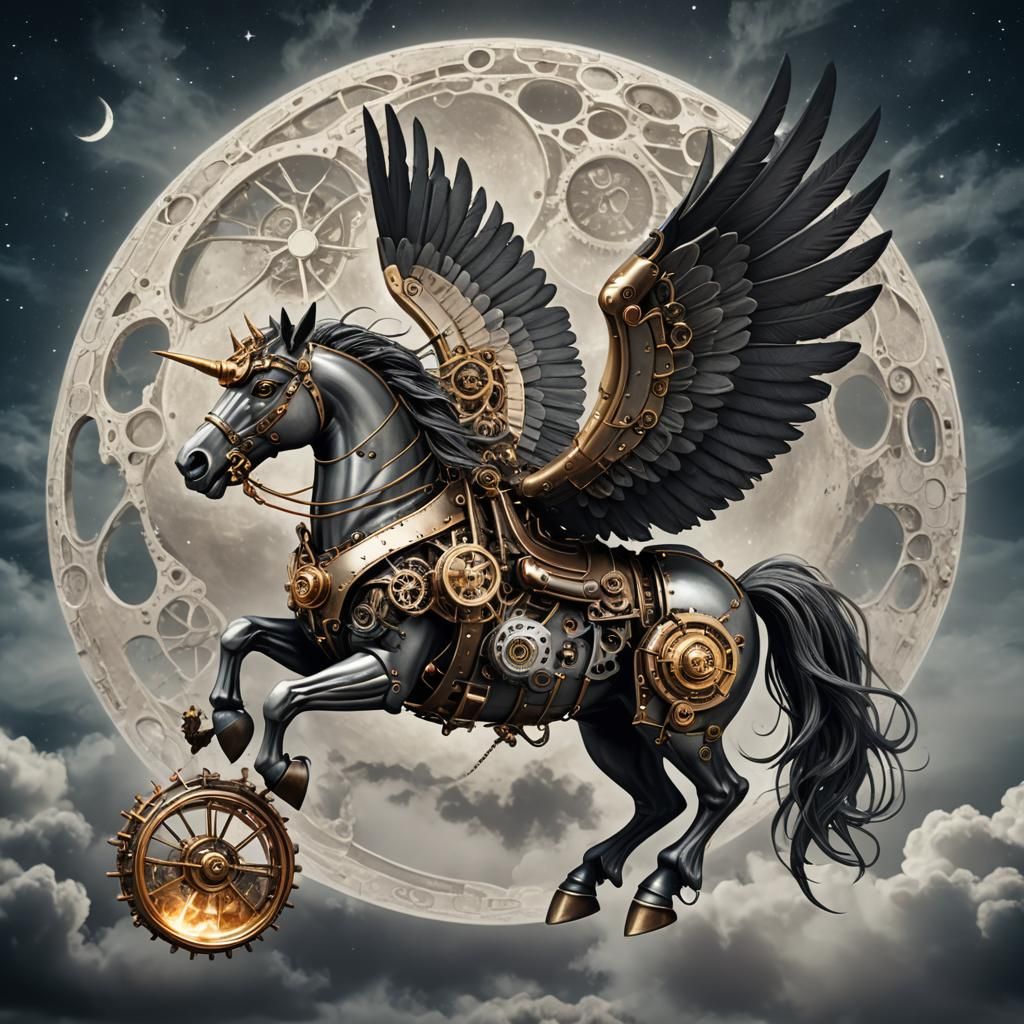 Steampunk Pegasus Flies Above the Moon