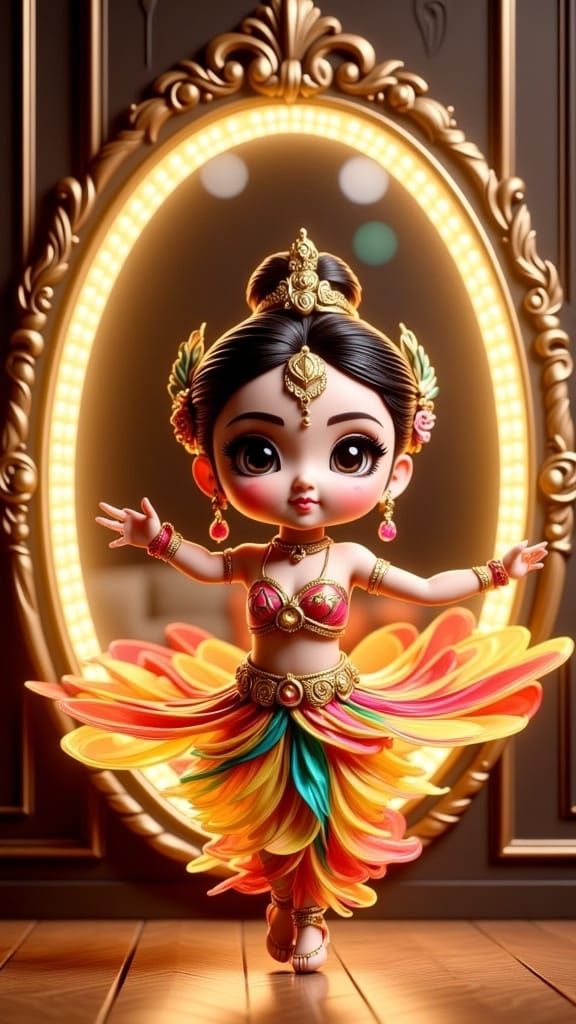<lora:Flux Chibi:1.0> 3D chibi model gold mirror. A digital photography of a woman performing a Thai dance , artistic an...