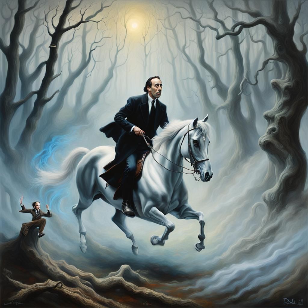 Ethereal Rider in Foggy Forest, Surreal Oil Painting