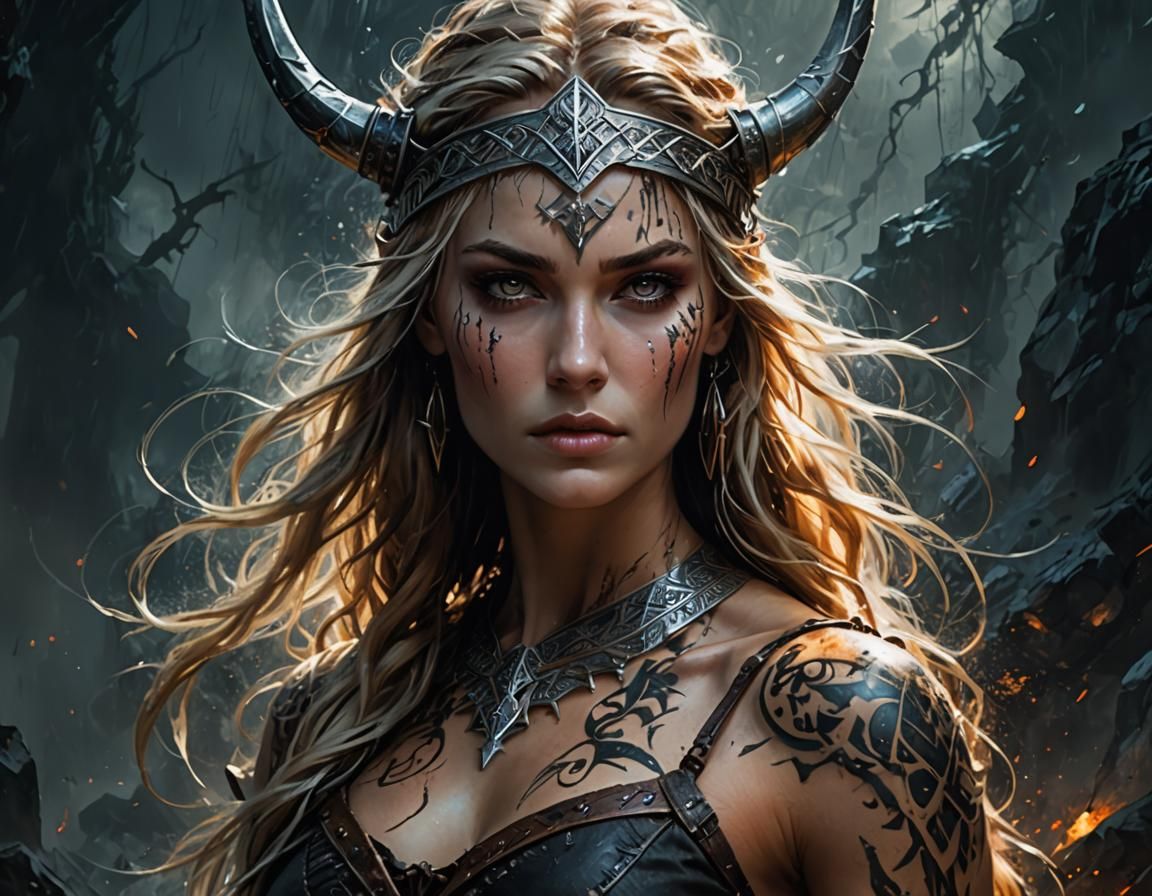 Nordic Viking Woman with Rune Tattoos in Dark Fantasy Style