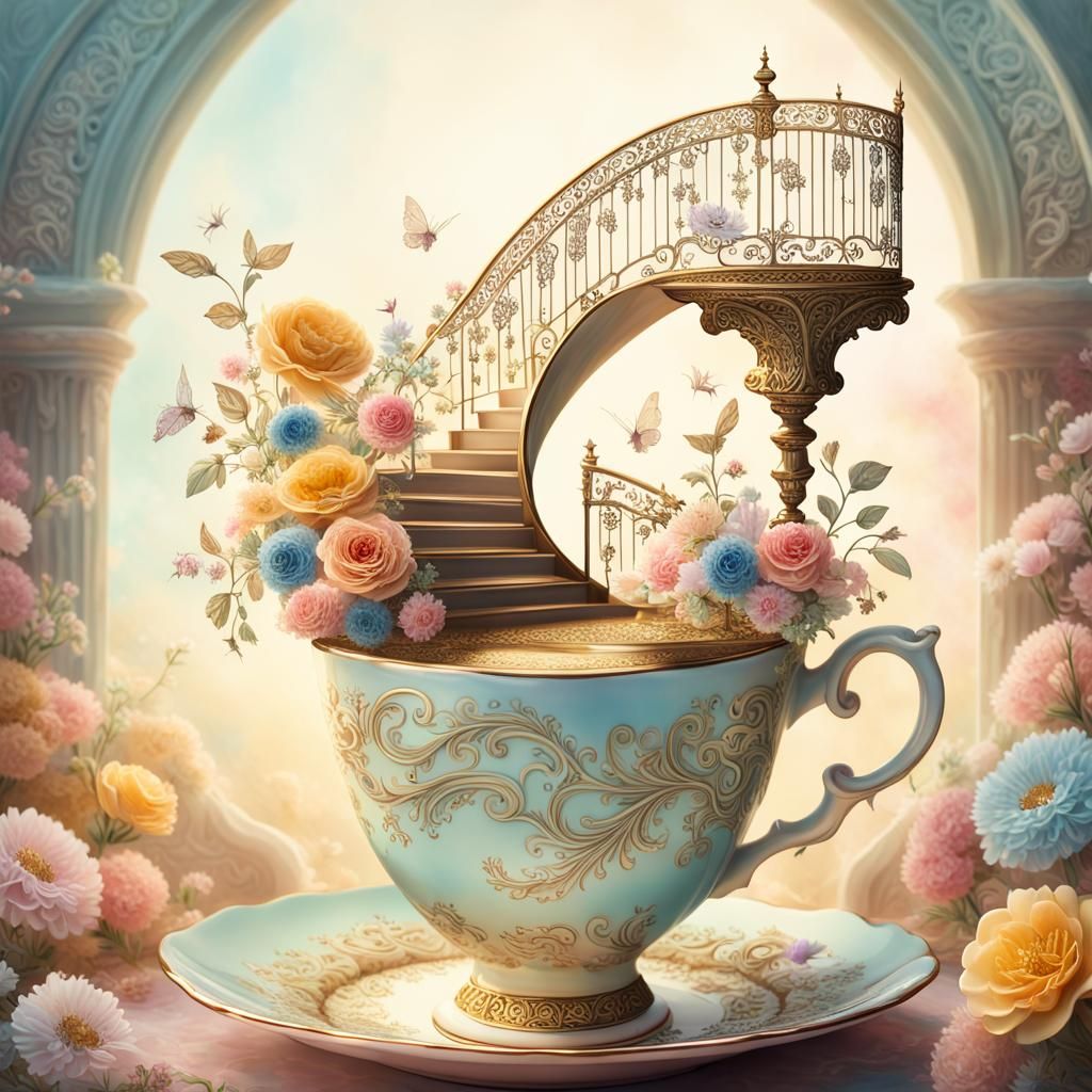 Teacup Stairway to Heaven in Whimsical Fantasy Art